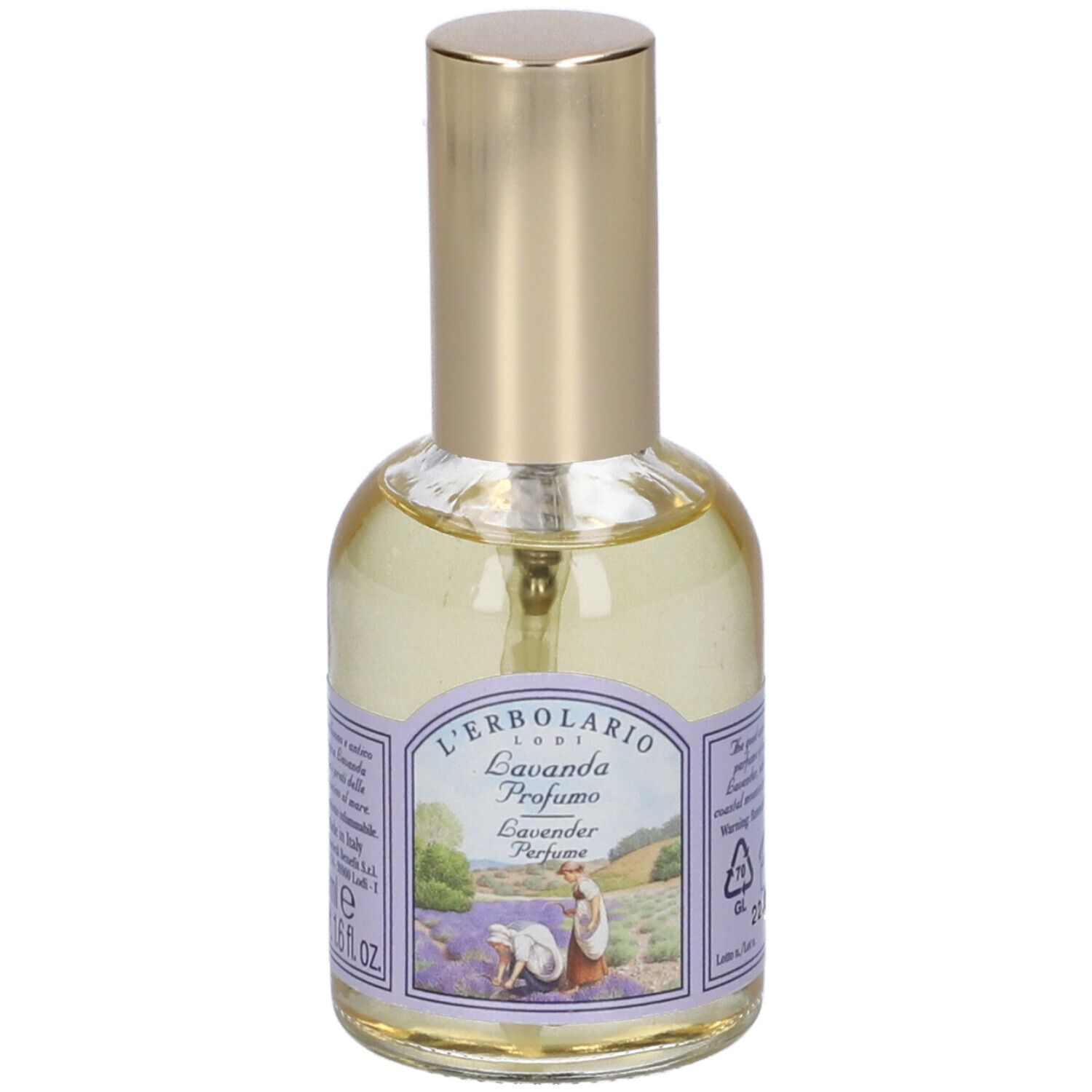 Flacone in vetro con tappo dorato. Etichetta con informazioni sul prodotto. Scritta: L'Erbolario Lavanda Profumo.
