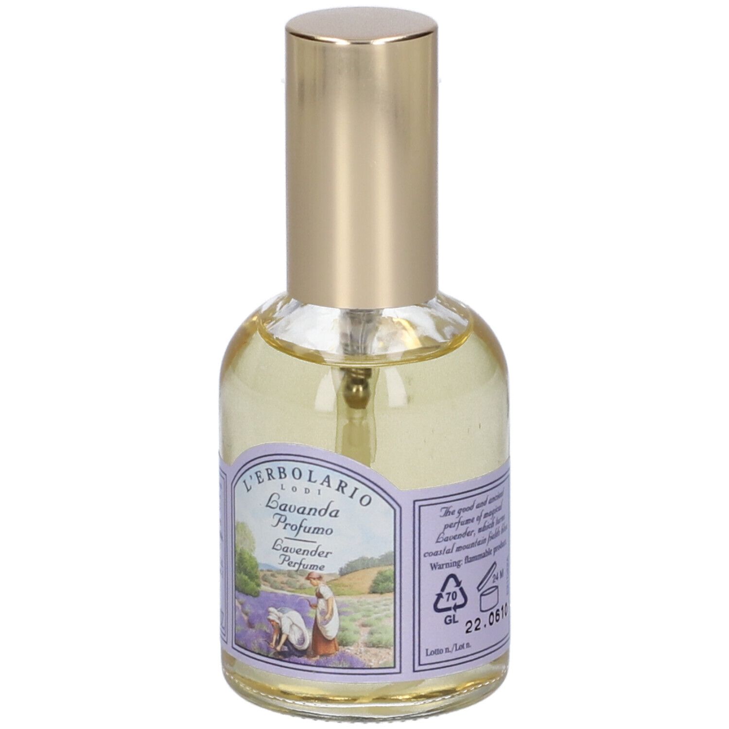 Flacone in vetro con tappo dorato. Etichetta con informazioni sul prodotto. Scritta: L'Erbolario Lavanda Profumo.