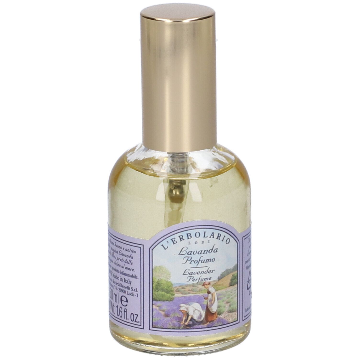 Flacone in vetro con tappo dorato. Etichetta con informazioni sul prodotto. Scritta: L'Erbolario Lavanda Profumo.
