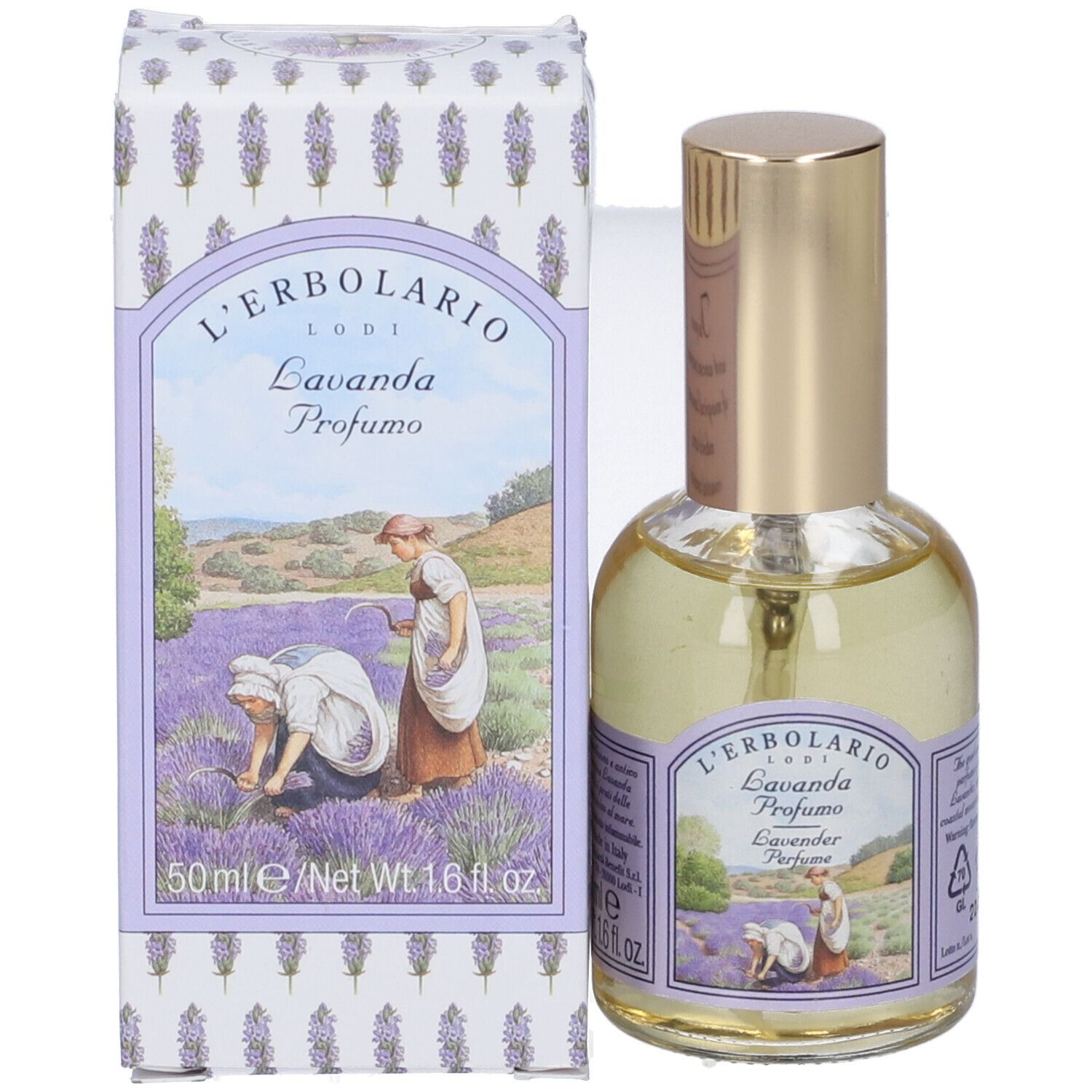 Flacone in vetro e confezione in cartone. Scritta: L'Erbolario Lodi Lavanda Profumo. Motivo lavanda sulla confezione.