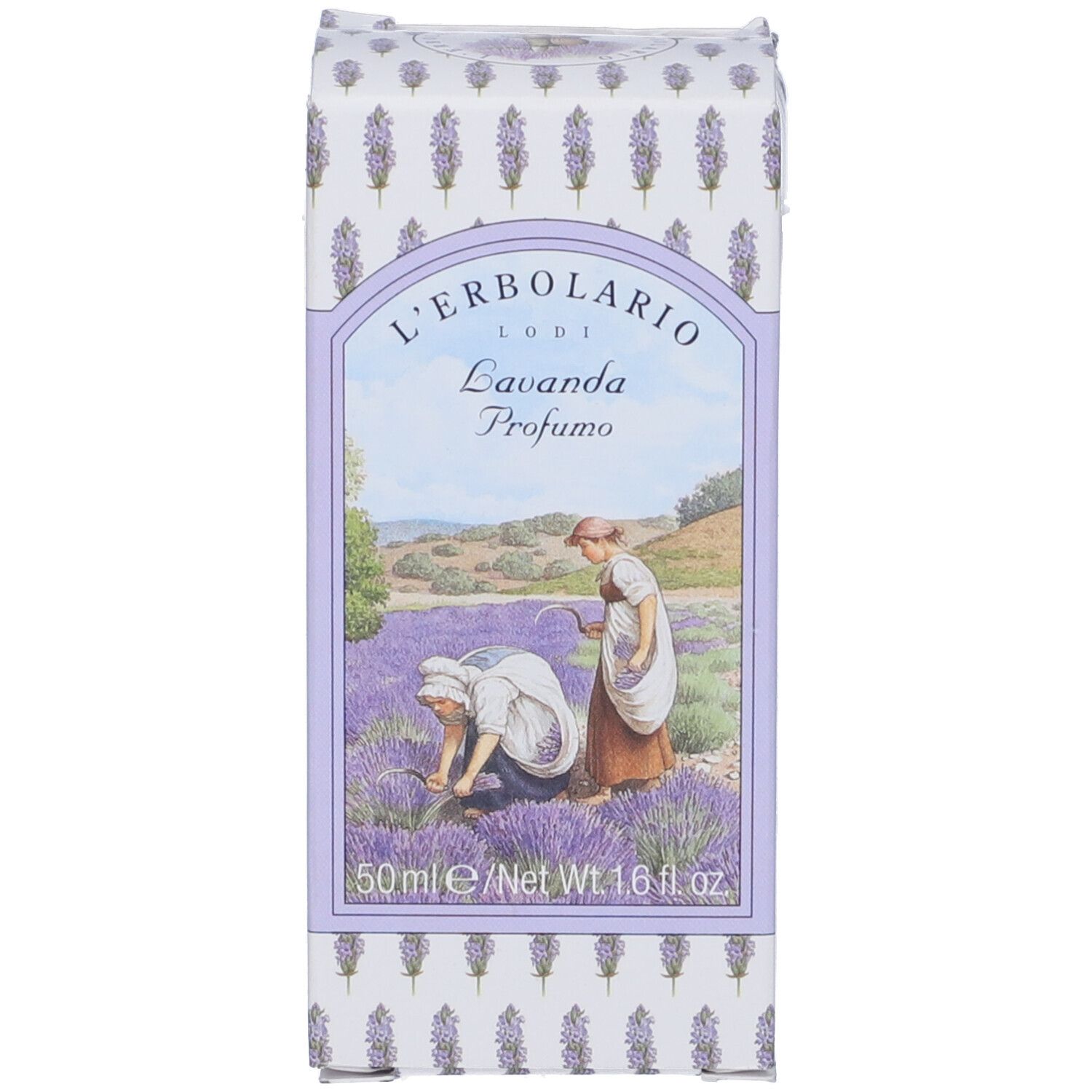 Confezione in cartone con motivo lavanda e informazioni sul prodotto. Scritta: L'Erbolario Lodi Lavanda Profumo.