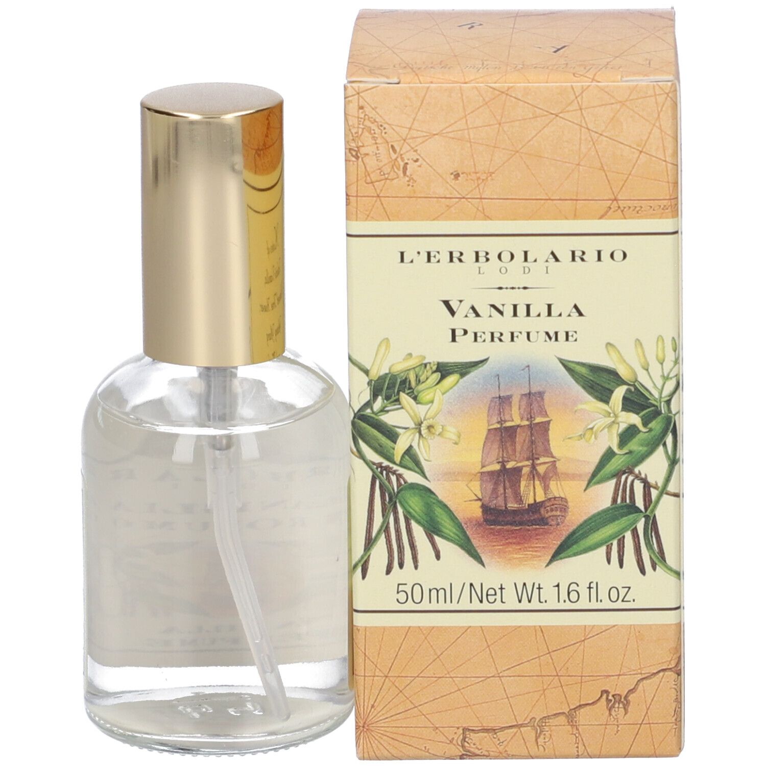 L'Erbolario Vanilla Parfum Flasche und Schachtel mit Segelschiff-Motiv.