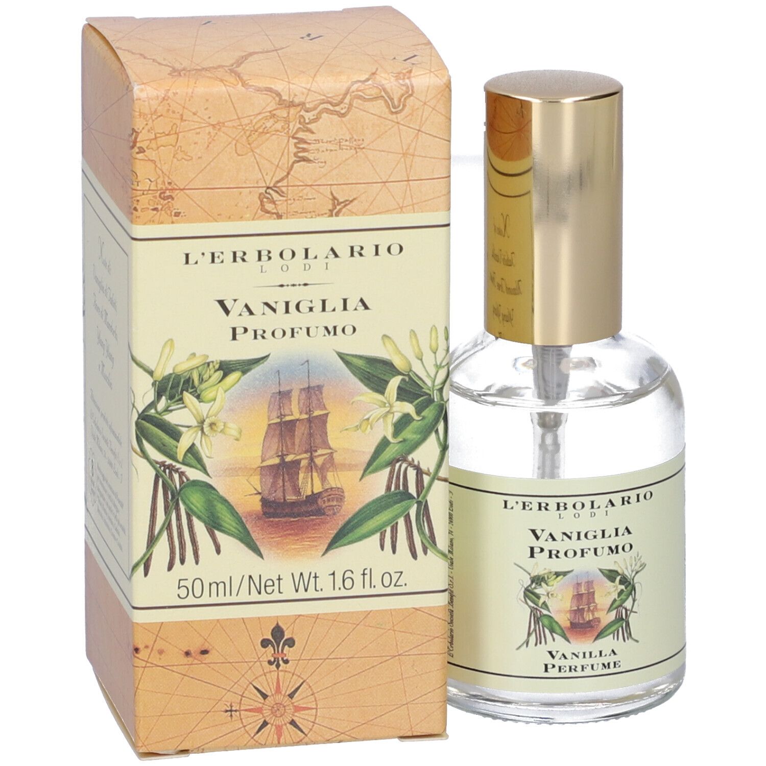 L'Erbolario Vaniglia Profumo Parfümflasche und Karton. 50ml. Mit Segelschiff-Motiv.