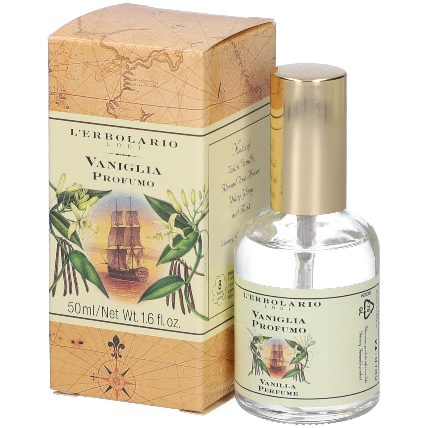 L'Erbolario Vaniglia Profumo Parfümflasche (50ml) und Kartonverpackung mit Schiffsillustration.