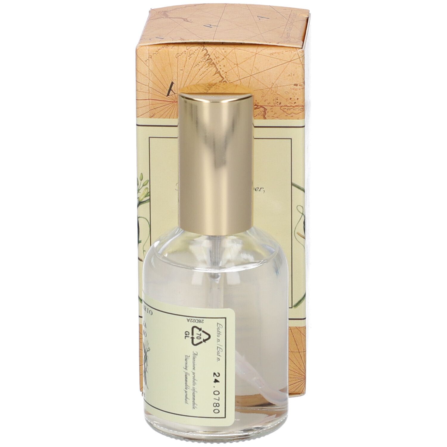 Klare Glasflasche mit goldenem Zerstäuberaufsatz und Pappverpackung mit Kartenmotiv.