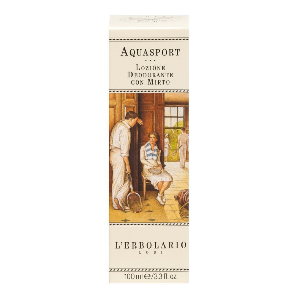 Confezione di deodorante Aquasport con Mirto. Marchio L'Erbolario. Illustrazione di persone in una stanza.