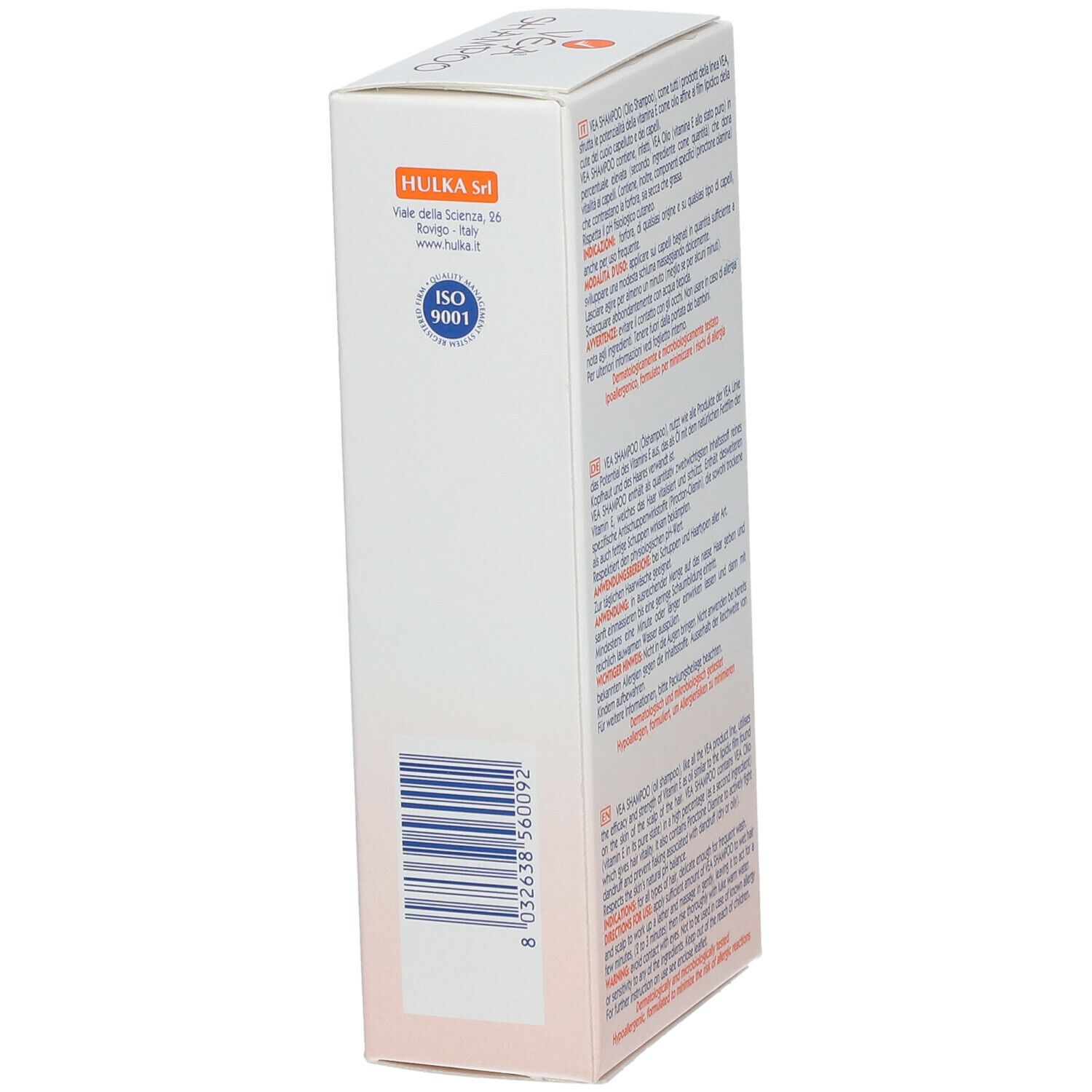 Confezione con scritta VEA Shampoo. Lato con informazioni del produttore e ISO 9001.