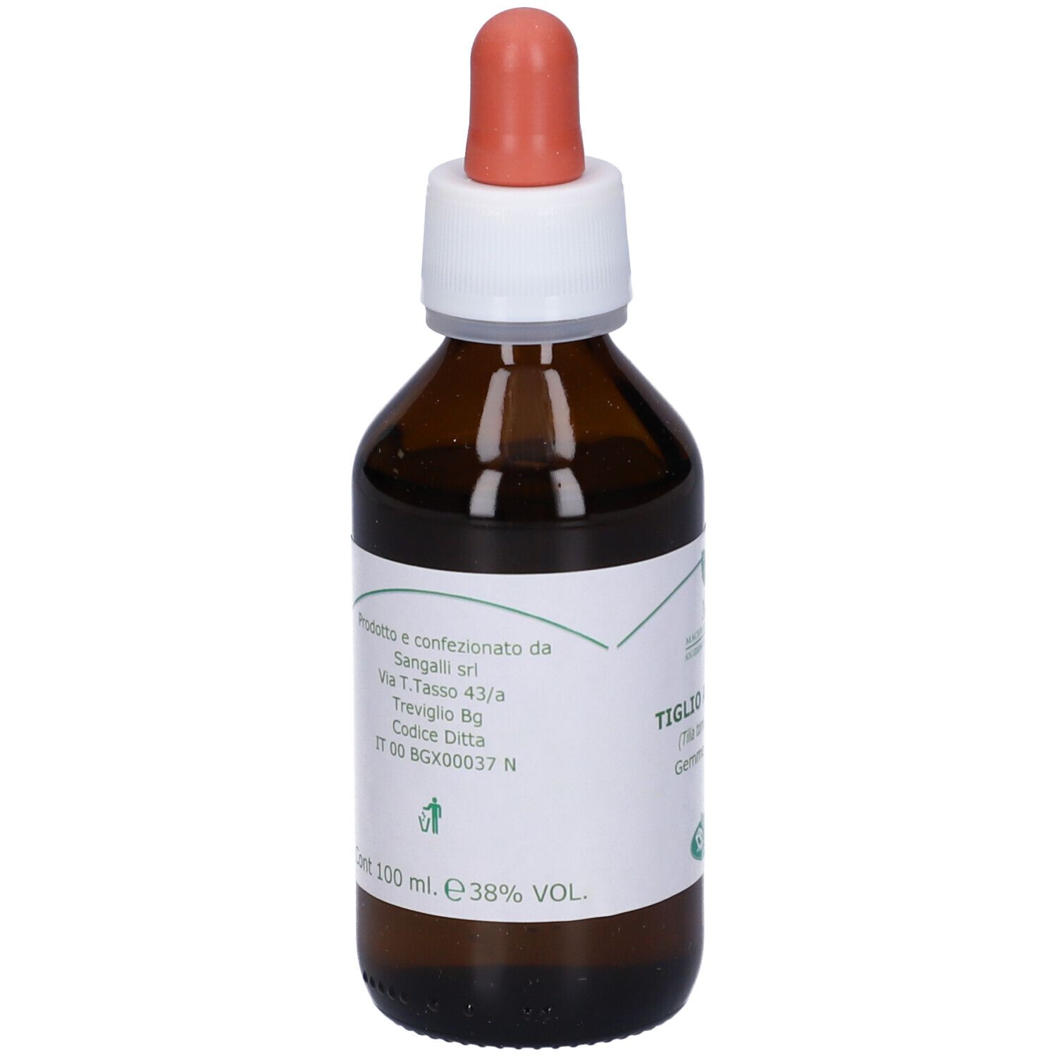 Flacone di vetro marrone con contagocce. Scritto: 100 ml, 38% VOL. Etichetta con testo.