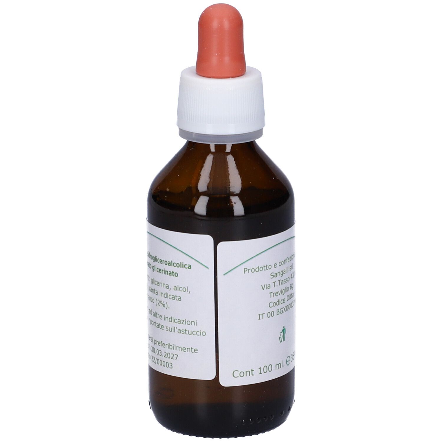 Flacone di vetro marrone con contagocce. Etichetta con testo. Scritto: 100 ml, 38% VOL.