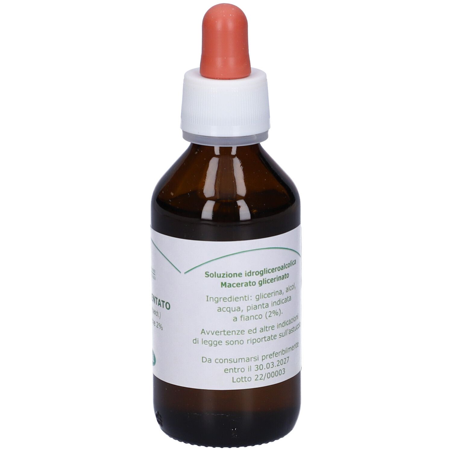 Flacone di vetro marrone con contagocce. Etichetta con testo. Scritto: Ingredienti, 2%.