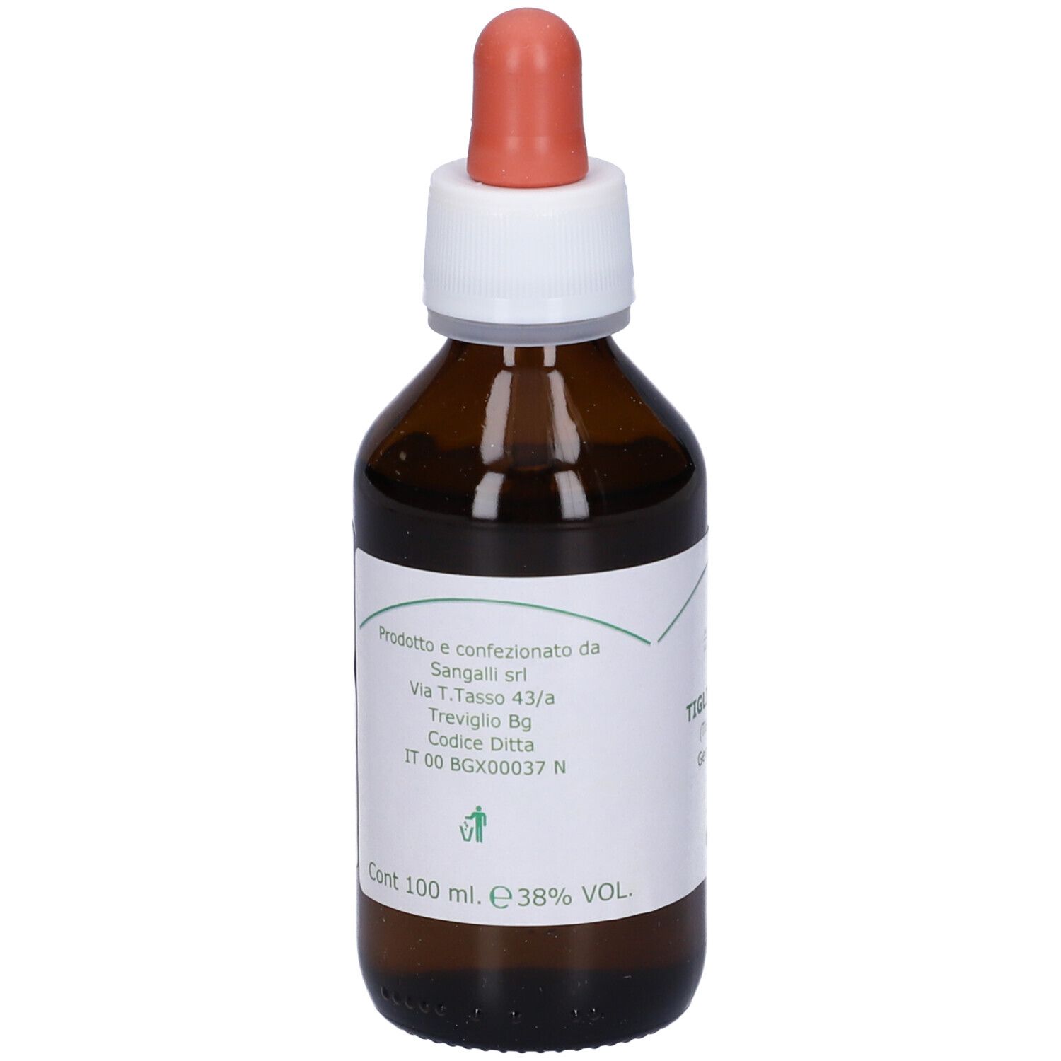 Flacone di vetro marrone con contagocce. Etichetta con testo. Scritto: 100 ml, 38% VOL.