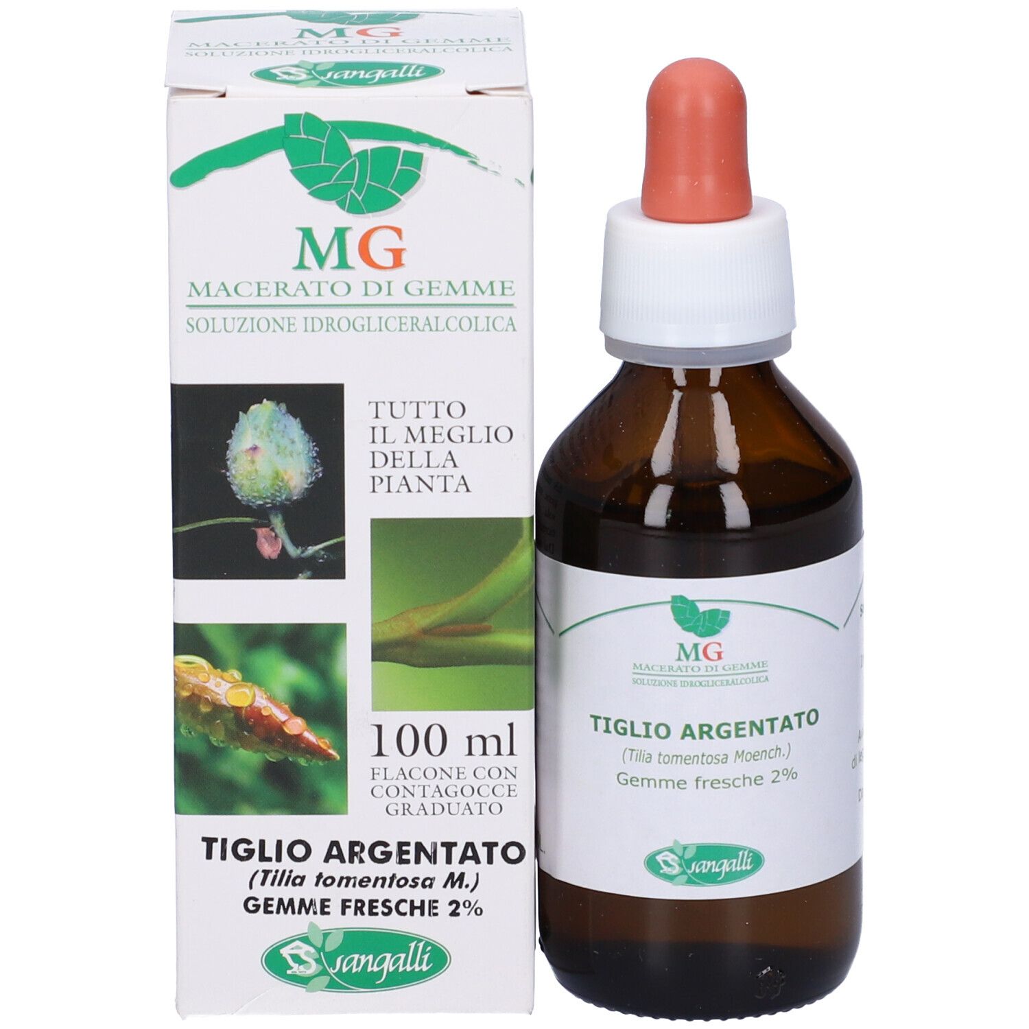 Flacone e confezione del prodotto. Scritto: Tiglio Argentato, Sangalli, 100 ml.