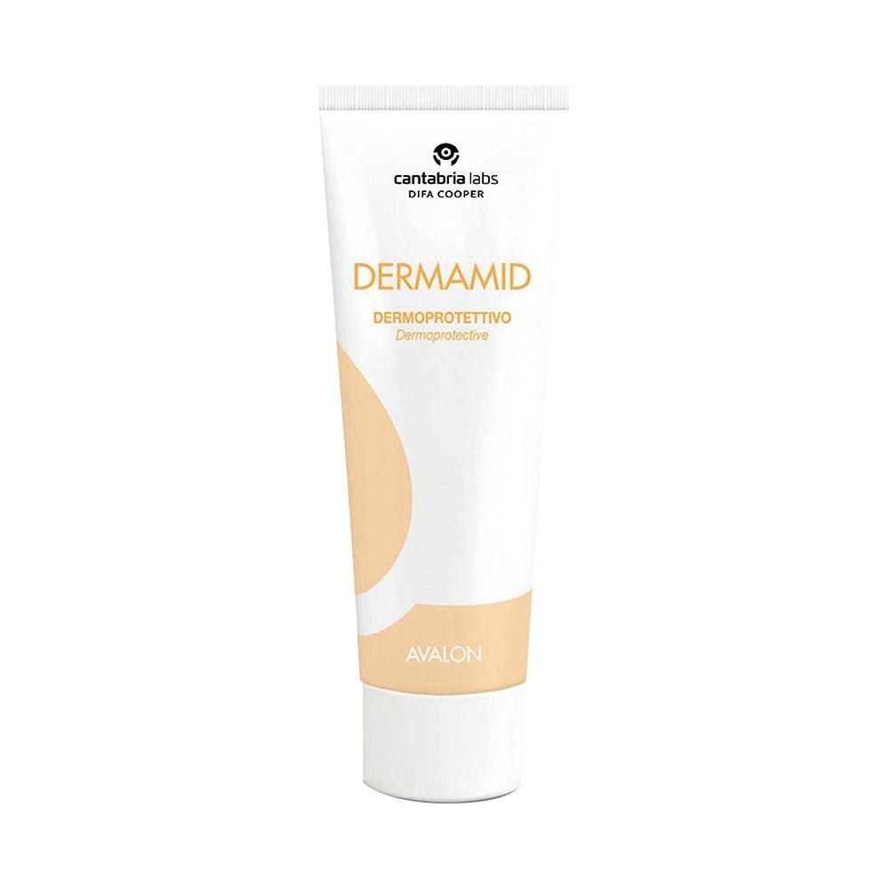 Creme-Tube mit Produktnamen und Logo. Weißes Tube mit gelbem Akzent. Schriftzug: Dermamid, Dermoprotettivo.