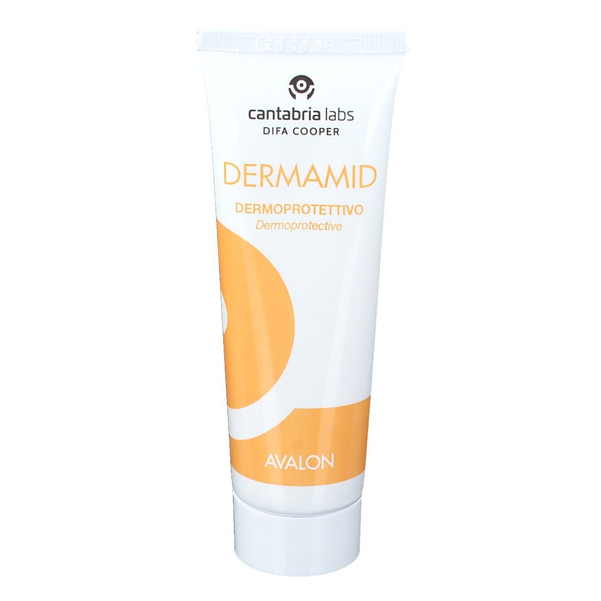 Creme-Tube mit Produktnamen und Logo. Weißes Tube mit gelbem Akzent. Schriftzug: Dermamid, Dermoprotettivo.