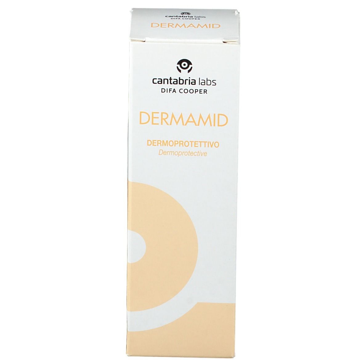 Kartonverpackung mit Produktnamen und Logo. Weiß mit gelbem Akzent. Schriftzug: Dermamid, Dermoprotettivo.