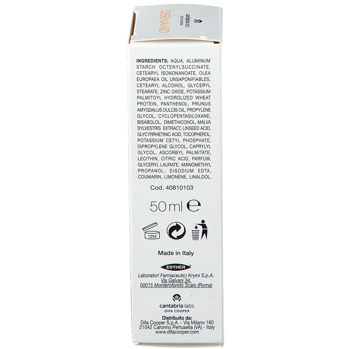 Rückseite der Kartonverpackung. Enthält Inhaltsstoffe, Herstellerinformationen und Symbole.