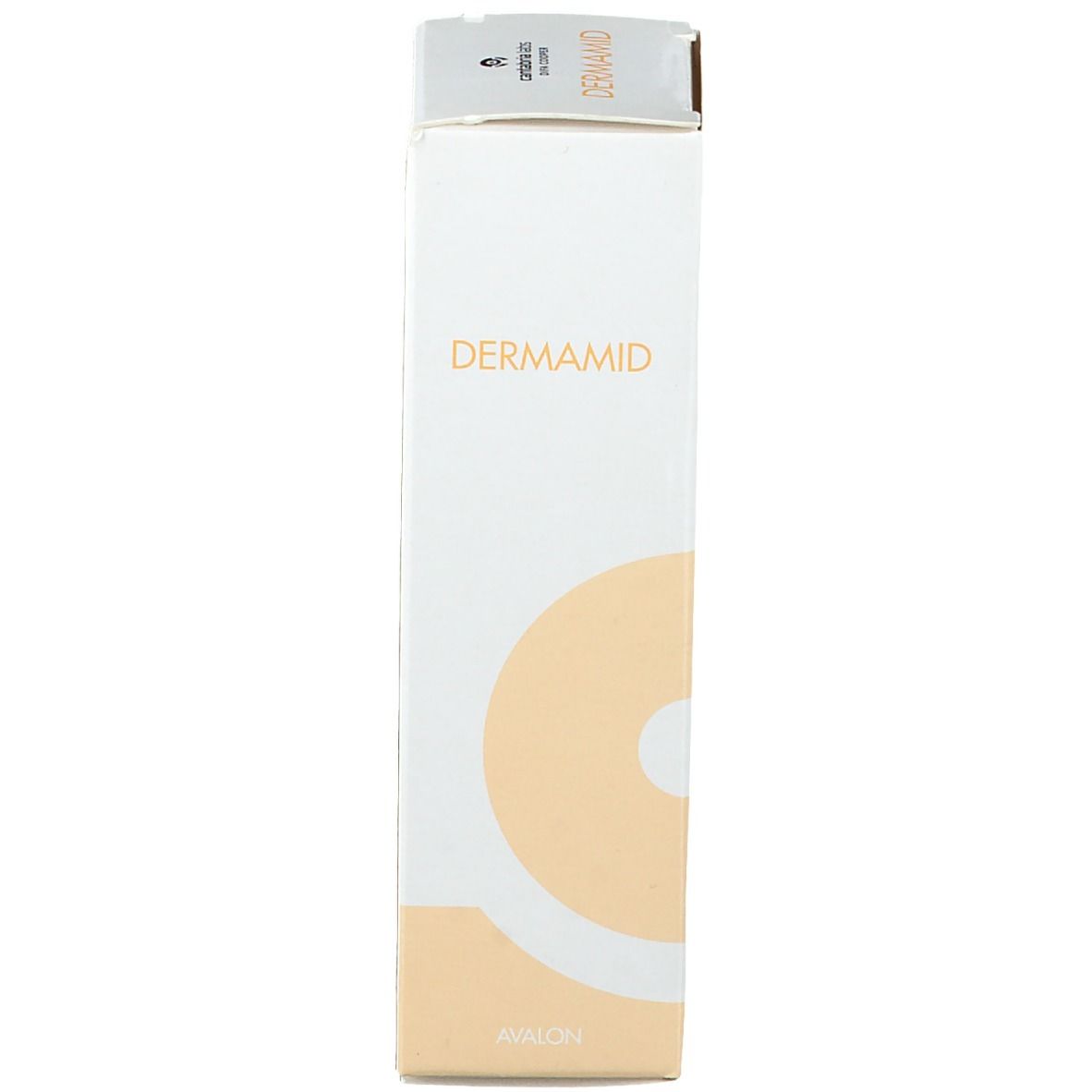 Kartonverpackung mit Produktnamen und Logo. Weiß mit gelbem Akzent. Schriftzug: Dermamid, Avalon.