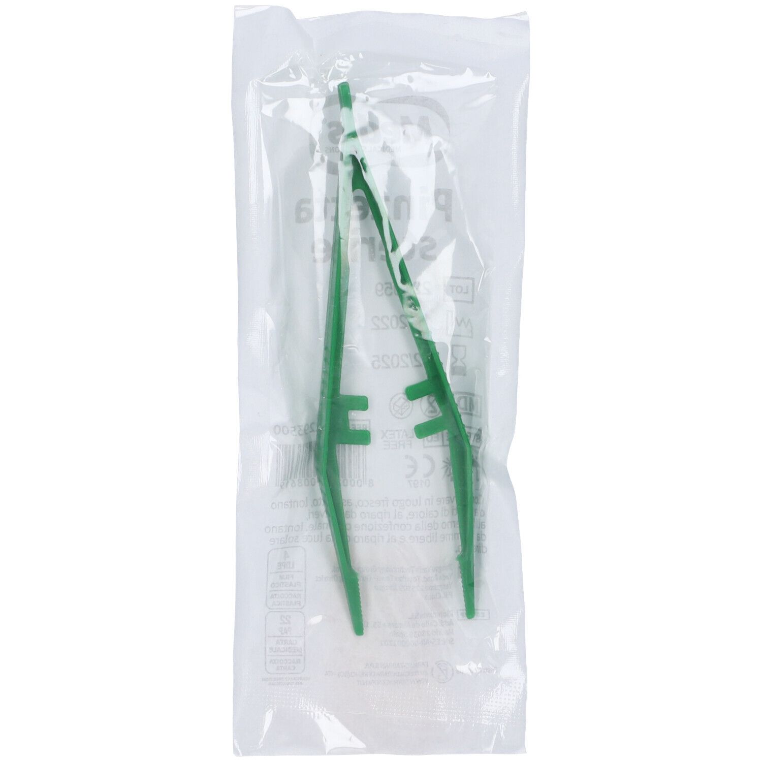Pinzetta verde in confezione trasparente sigillata. Visibili nome prodotto e marchio CE.