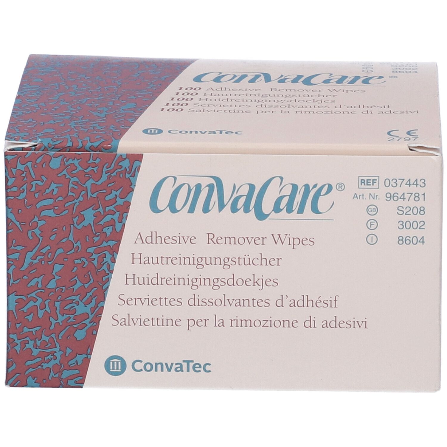 Scatola ConvaCare. Scritto: Adhesive Remover Wipes. Informazioni multilingue sul prodotto. Logo ConvaTec. Numero REF.