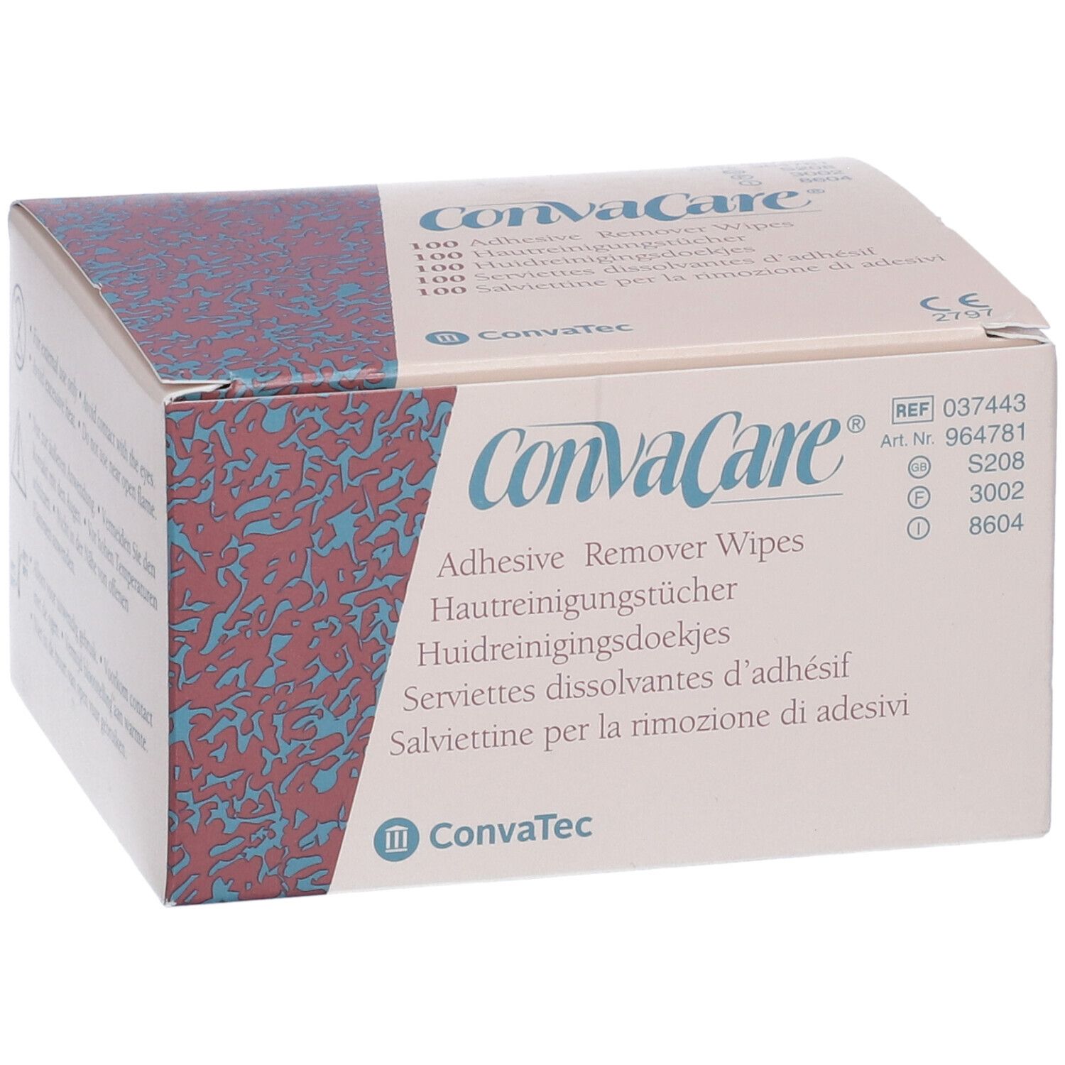 Scatola ConvaCare. Scritto: Adhesive Remover Wipes. Informazioni multilingue sul prodotto. Logo ConvaTec. Numero REF.
