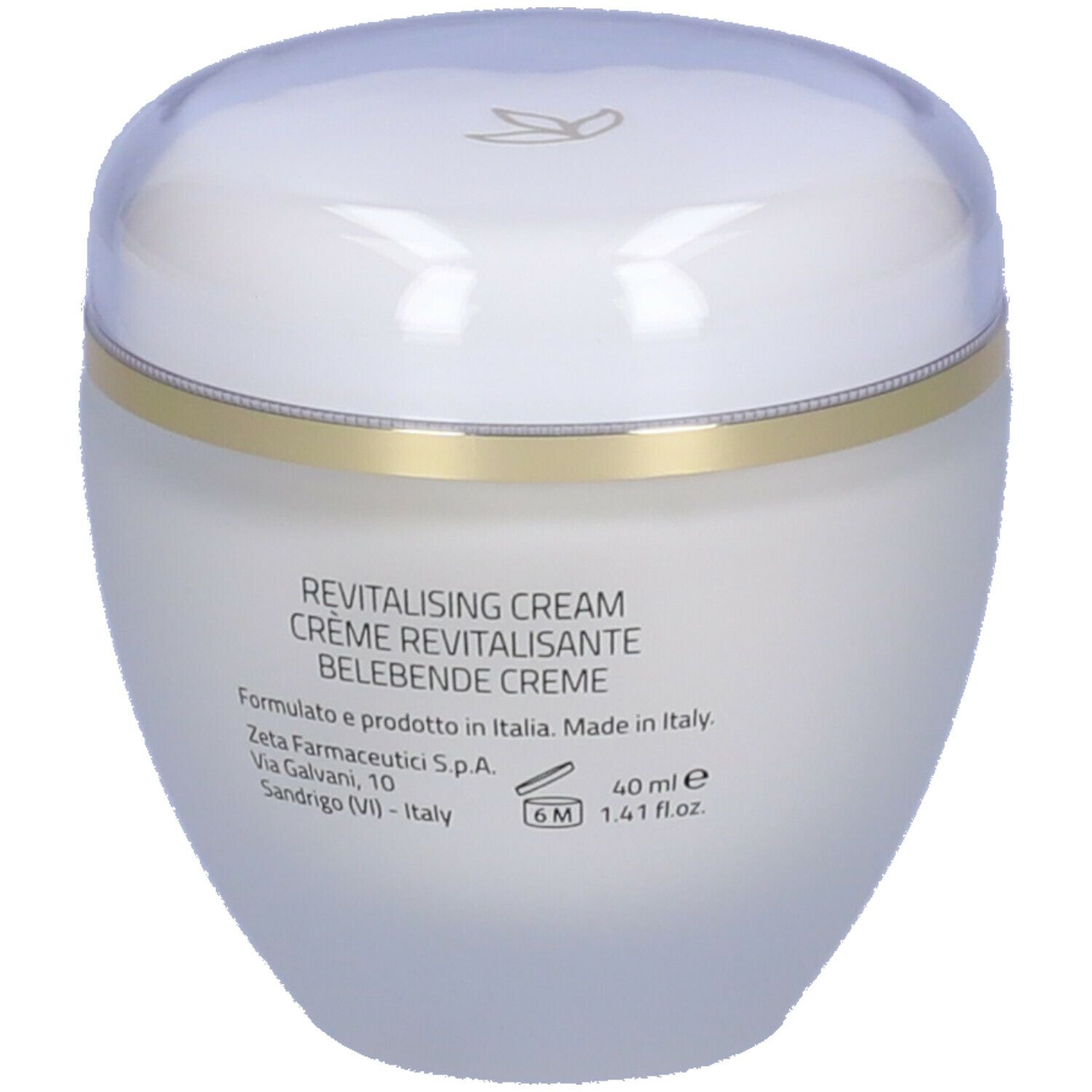 Vaso di crema con coperchio. Scritta REVITALISING CREAM, 40 ml, 6M.