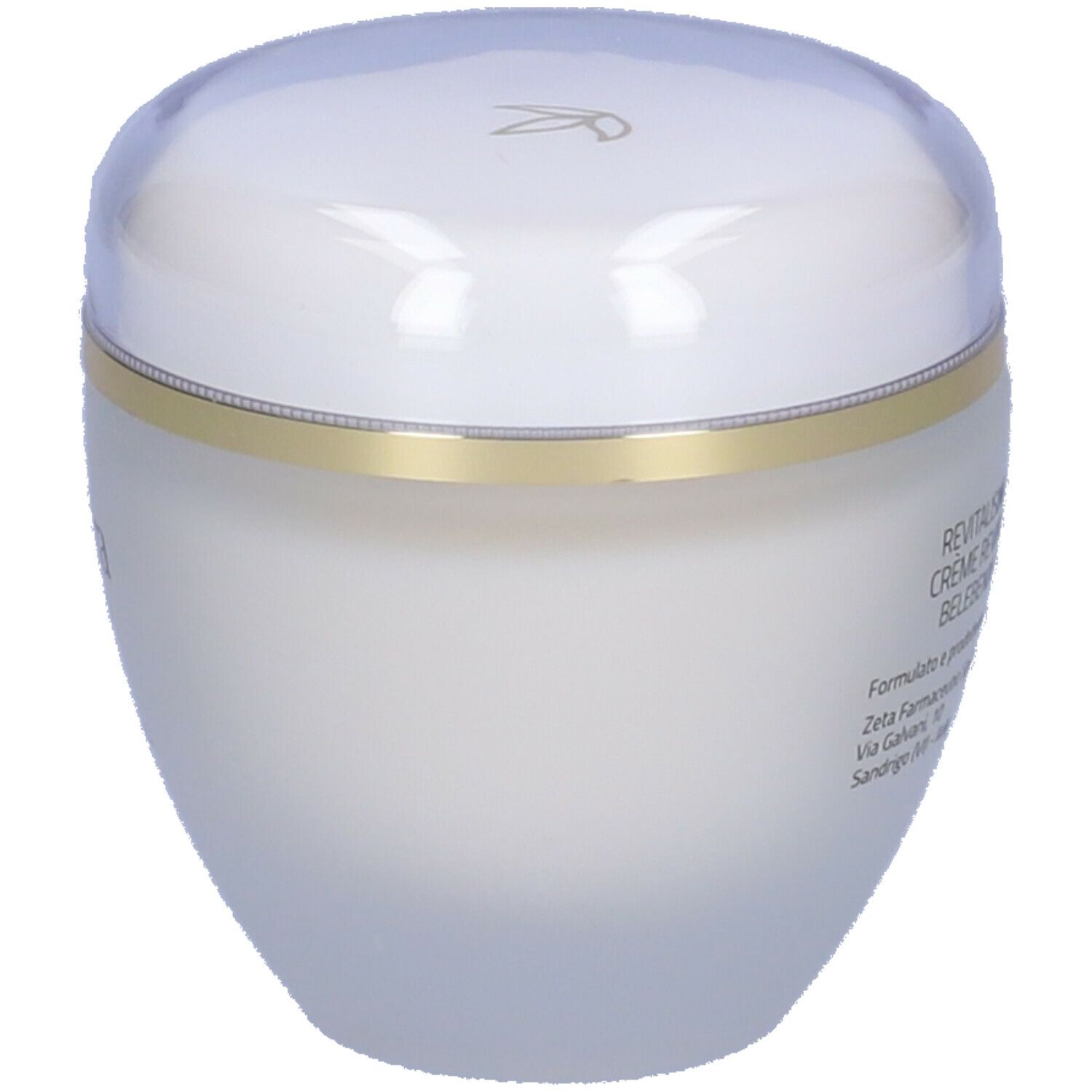 Vaso di crema con coperchio. Scritta REVITALISING CREAM.