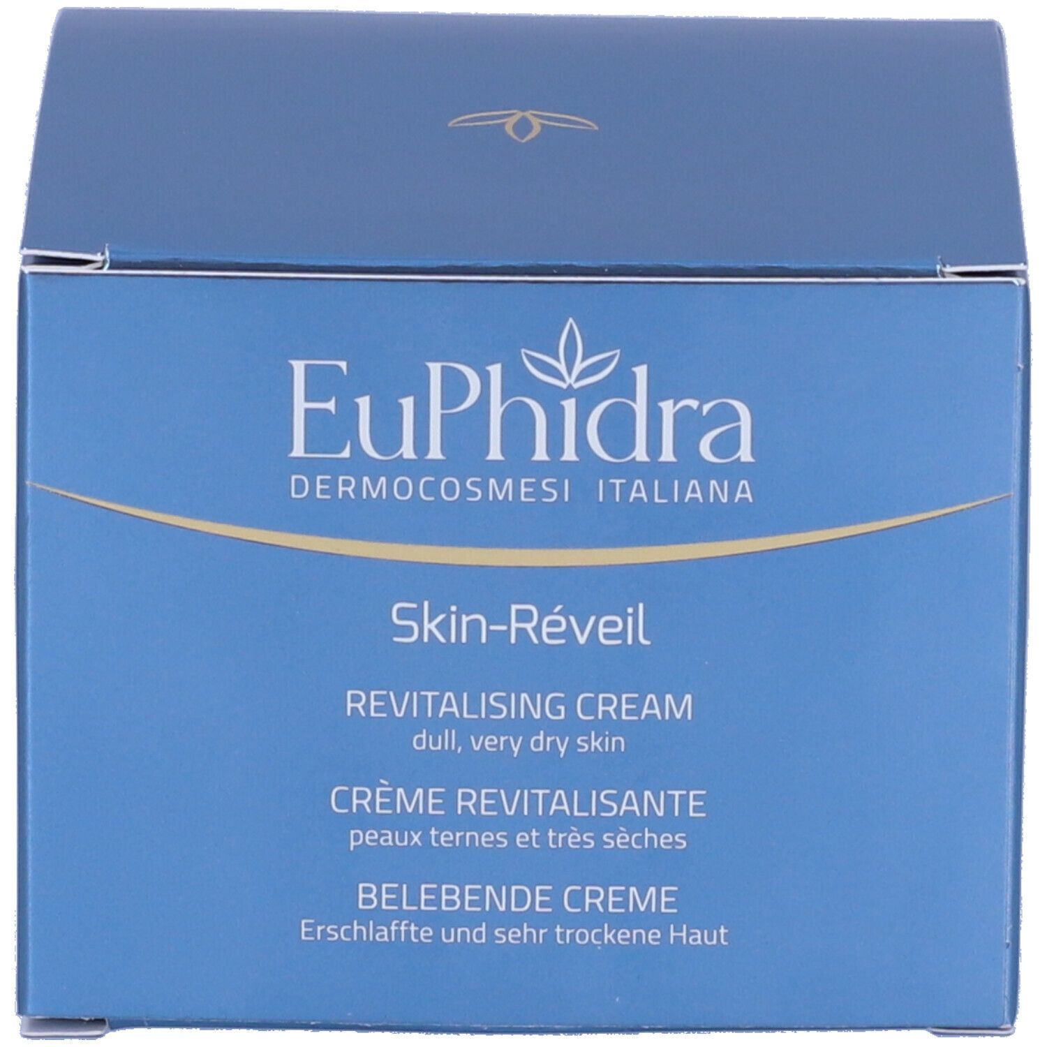 Scatola blu. Scritta EuPhidra Skin-Réveil, REVITALISING CREAM.