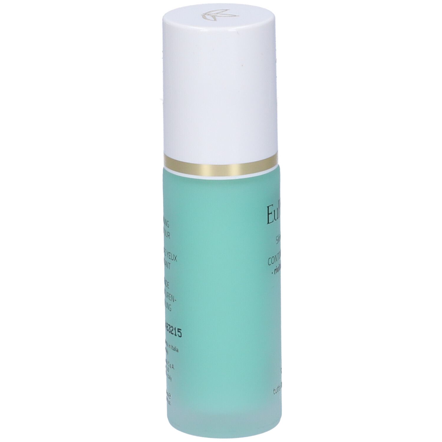 EuPhidra Skin-Réveil Contorno Occhi. Flacone bianco e verde chiaro, anello dorato. Testo: Skin-Réveil, Contorno Occhi, rivitalizzante.