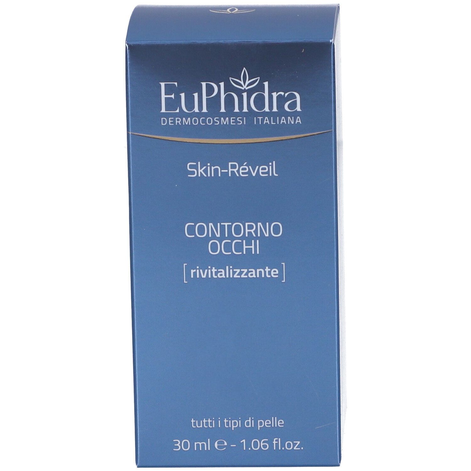 Confezione di EuPhidra Skin-Réveil Contorno Occhi. Scatola blu. Testo: Skin-Réveil, Contorno Occhi, 30 ml.