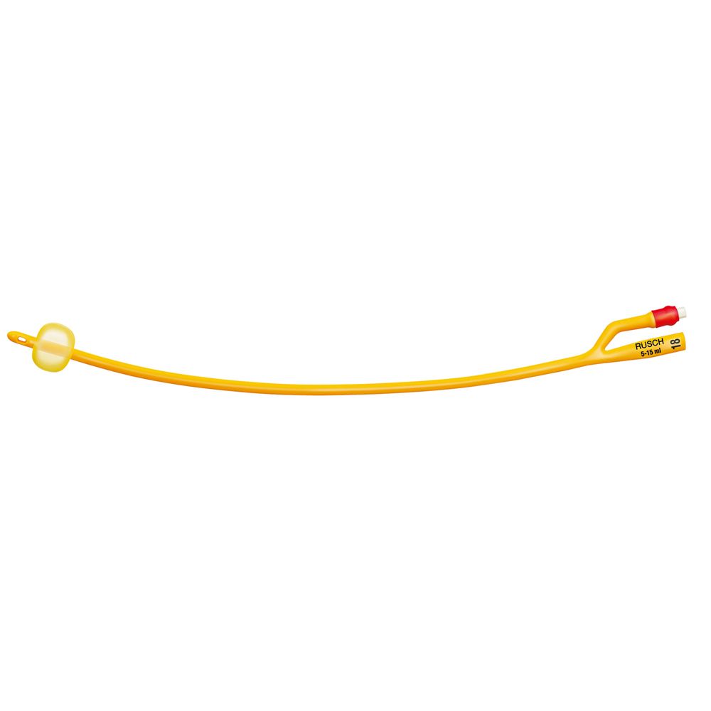 Catetere giallo a due vie. Scritta RUSCH, CH16. Palloncino all'estremità distale. Punta trasparente.