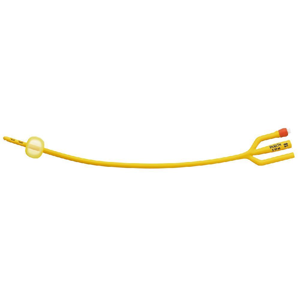Catetere di Foley giallo con palloncino e tre vie. Estremità a due fori. Iscrizioni.
