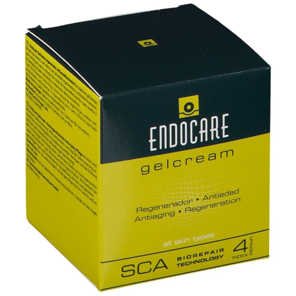 Scatola con scritta Endocare Gelcrem. Colori giallo e nero. Testo: Regenerador, Antiedad, Antiaiging, Regeneration.
