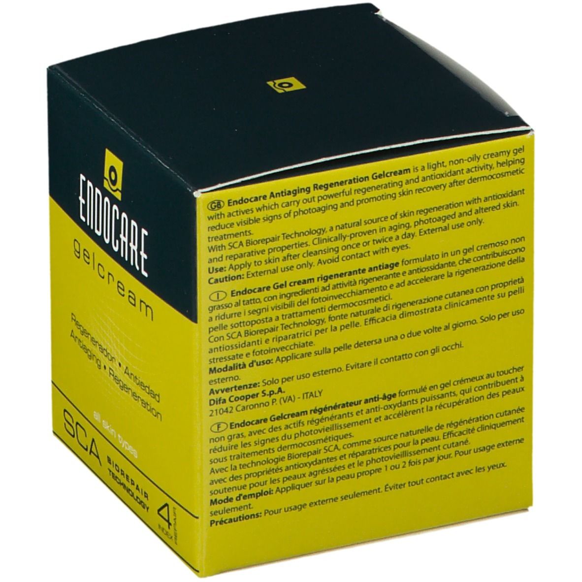 Scatola con scritta Endocare Gelcrem. Colori giallo e nero. Testo: Regenerador, Antiedad, Antiaiging, Regeneration.