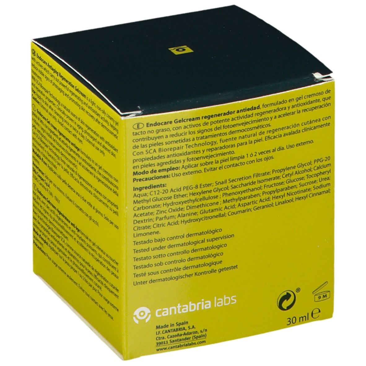Scatola con scritta Endocare Gelcrem. Colori giallo e nero. Testo: Regenerador, Antiedad, Antiaiging, Regeneration.