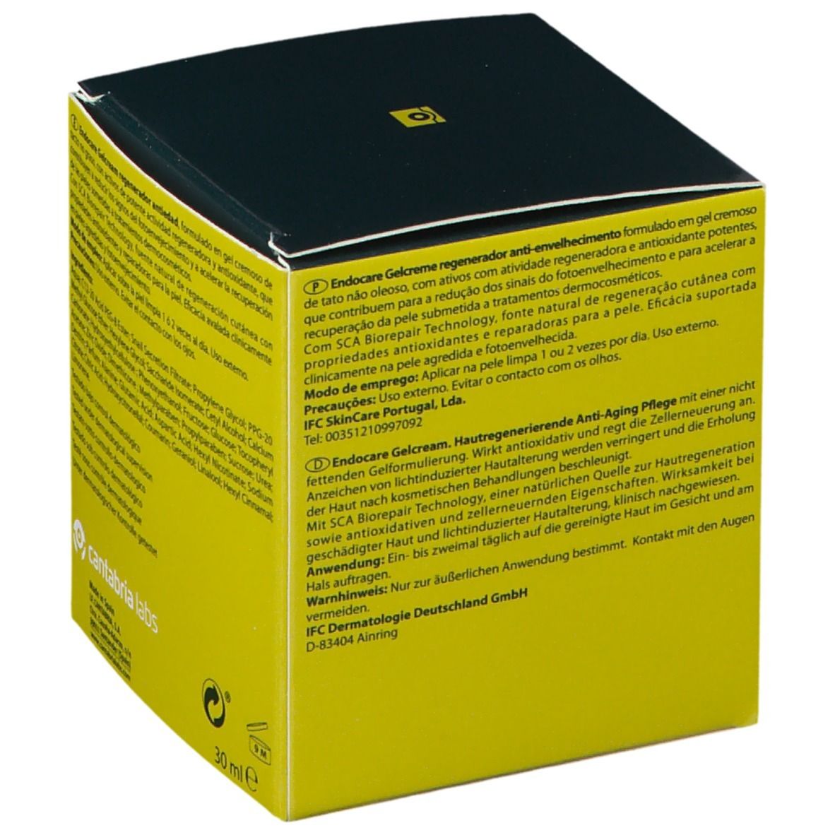 Scatola con scritta Endocare Gelcrem. Colori giallo e nero. Testo: Regenerador, Antiedad, Antiaiging, Regeneration.