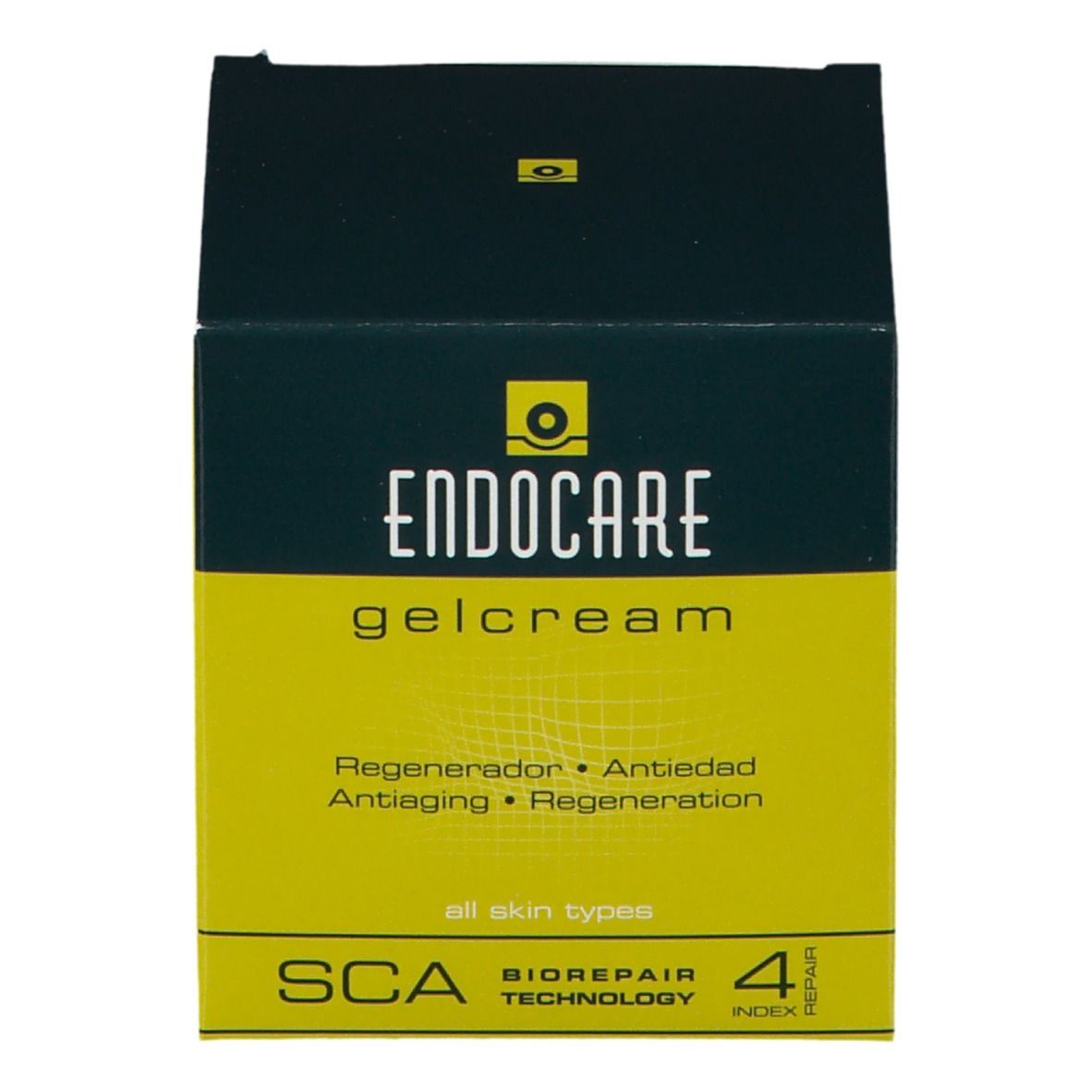 Scatola con scritta Endocare Gelcrem. Colori giallo e nero. Testo: Regenerador, Antiedad, Antiaiging, Regeneration.