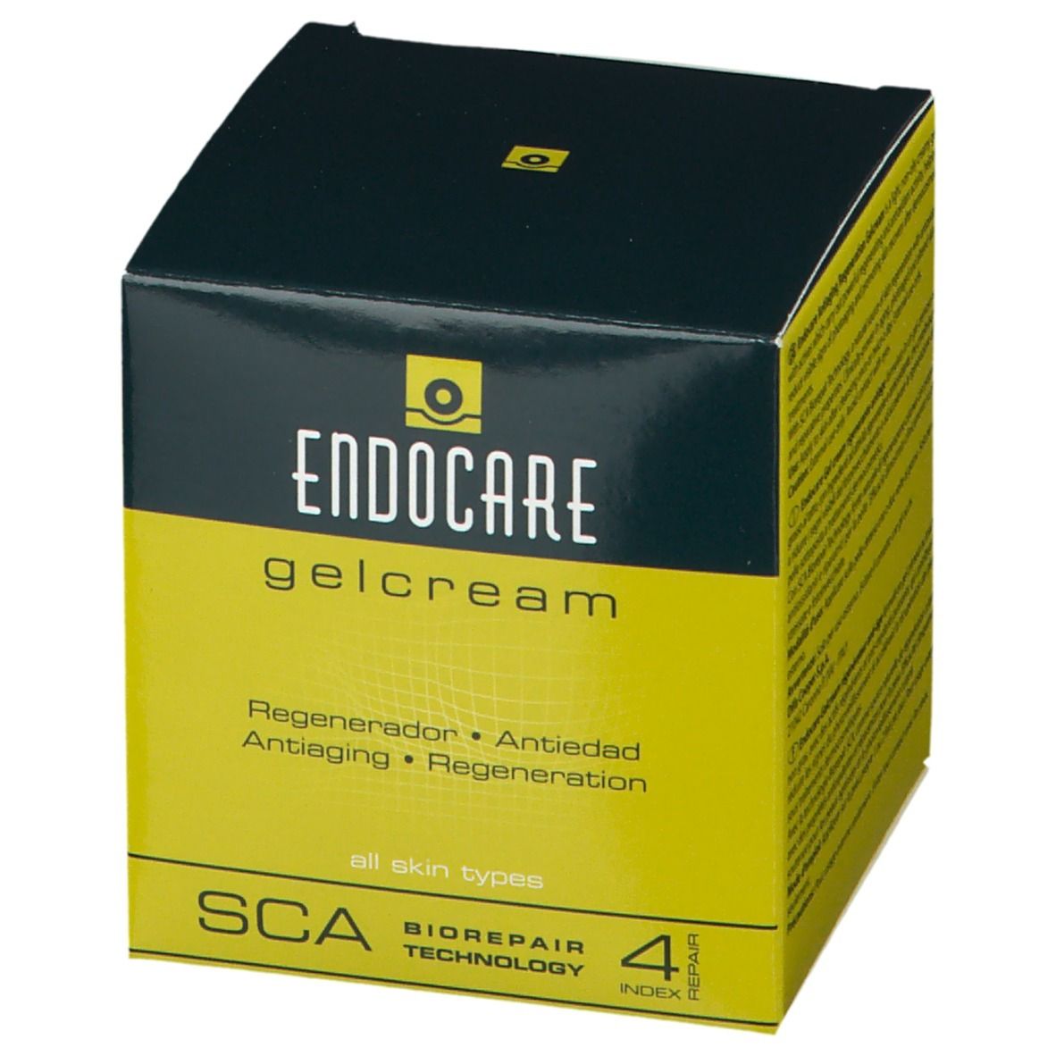 Scatola con scritta Endocare Gelcrem. Colori giallo e nero. Testo: Regenerador, Antiedad, Antiaiging, Regeneration.