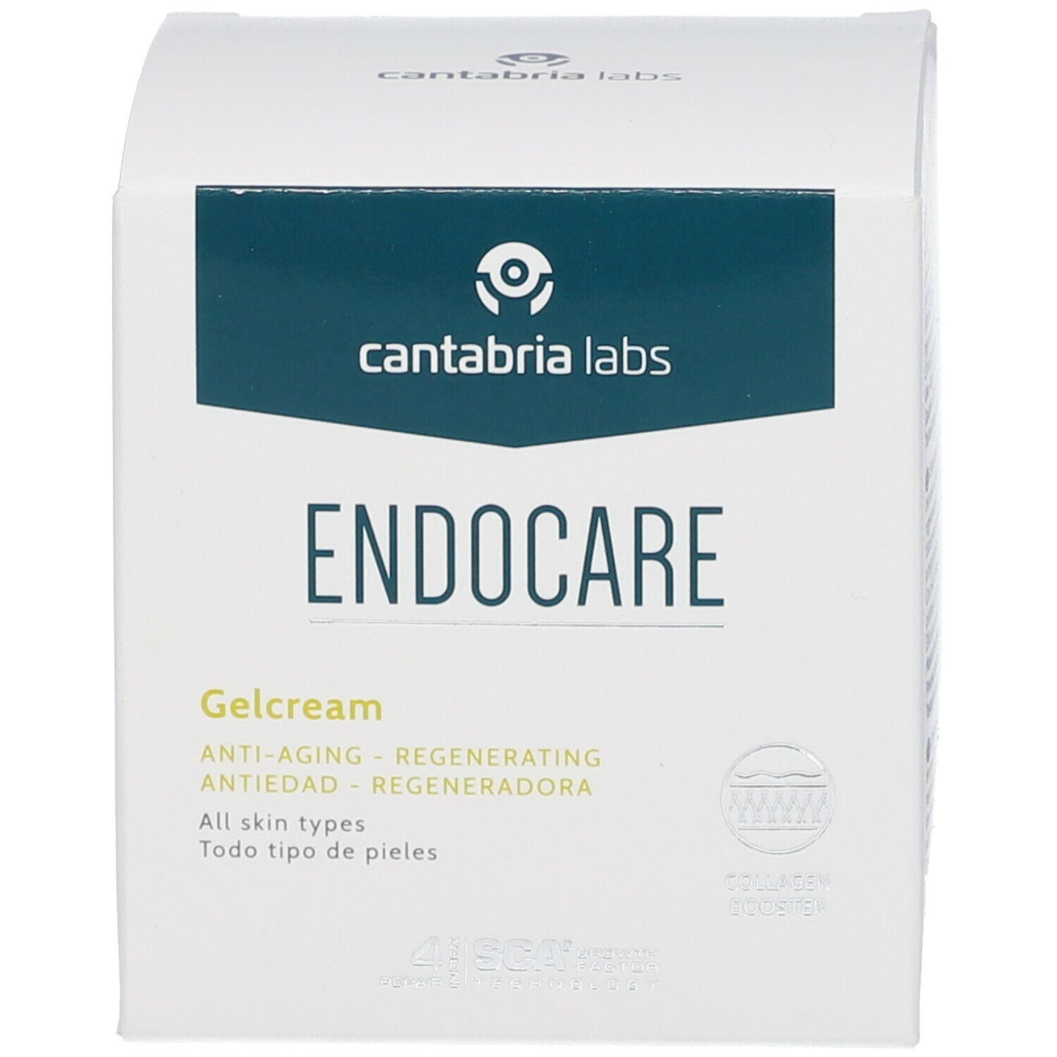 Scatola con scritta Endocare Gelcrem. Logo cantabria labs. Testo: Anti-età, Rigenerante, Tutti i tipi di pelle.