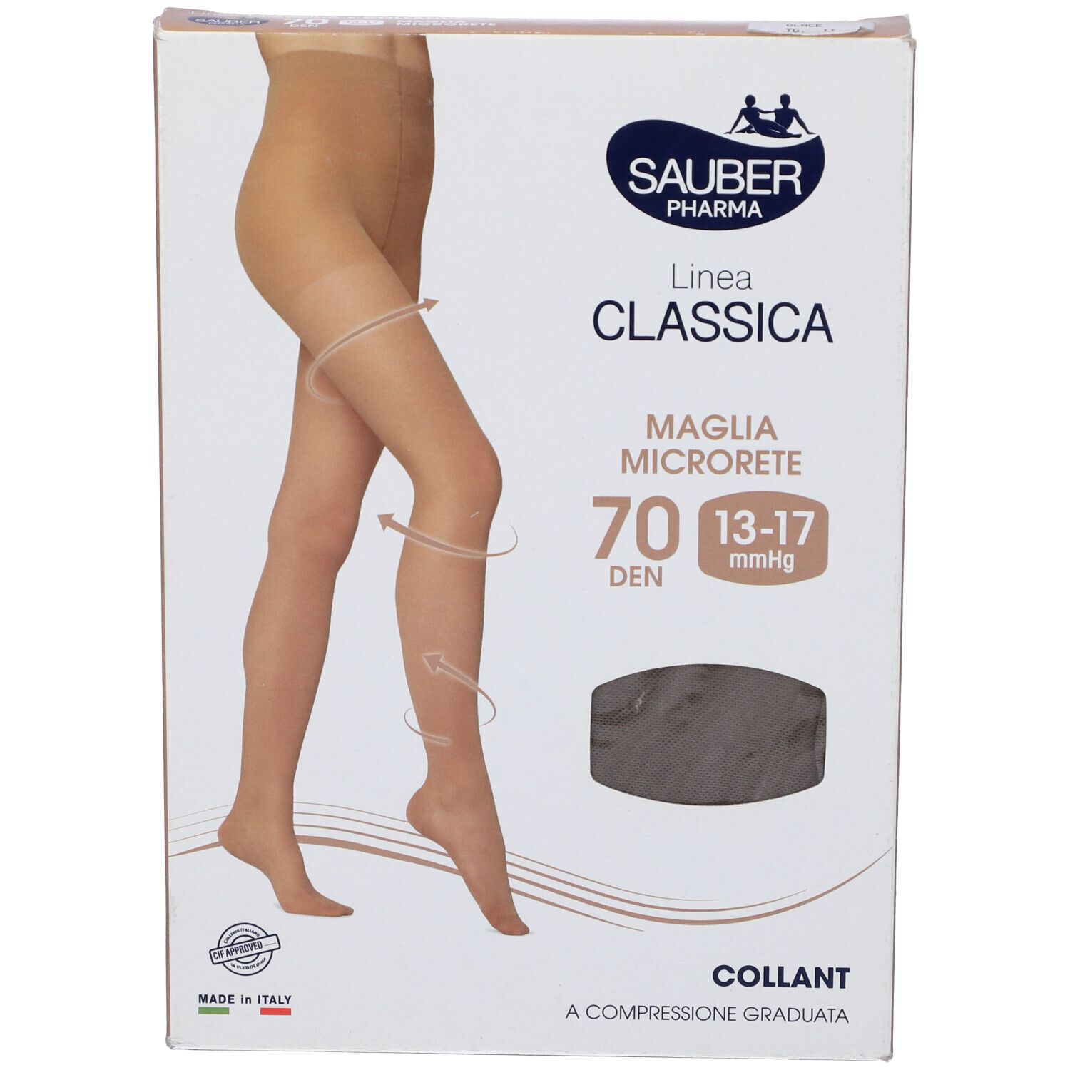 Confezione con collant beige. Marchio Sauber Pharma, 'Linea Classica', 'Maglia Microrete 70 Den'.