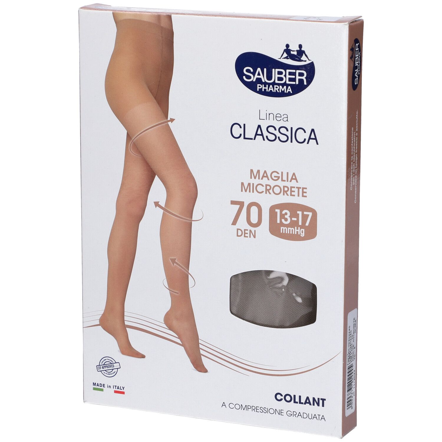 Confezione di collant. Marca Sauber Pharma, linea Classica, 70 denari, microrete. Calze a compressione.