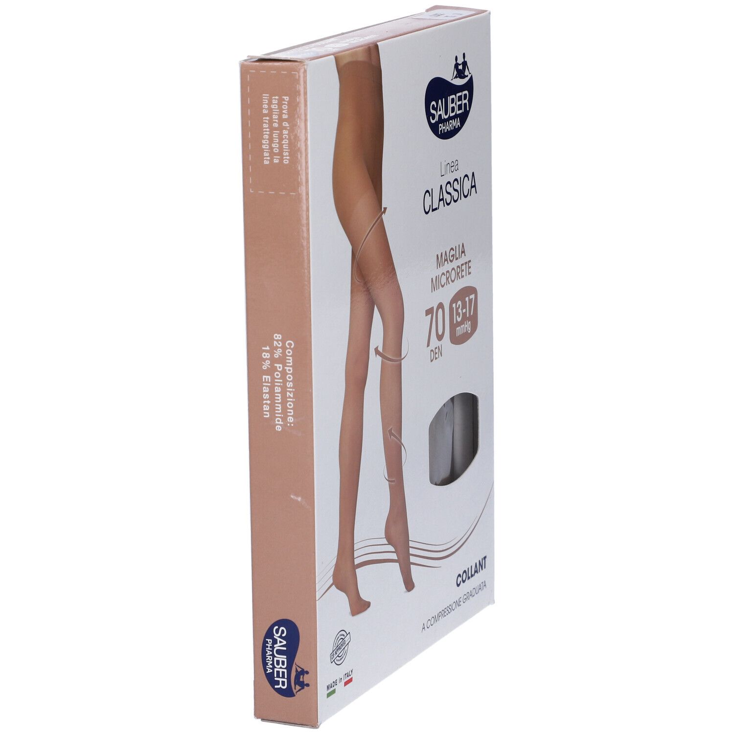 Confezione di collant. Marca Sauber Pharma, linea Classica, 70 denari, microrete. Calze a compressione.