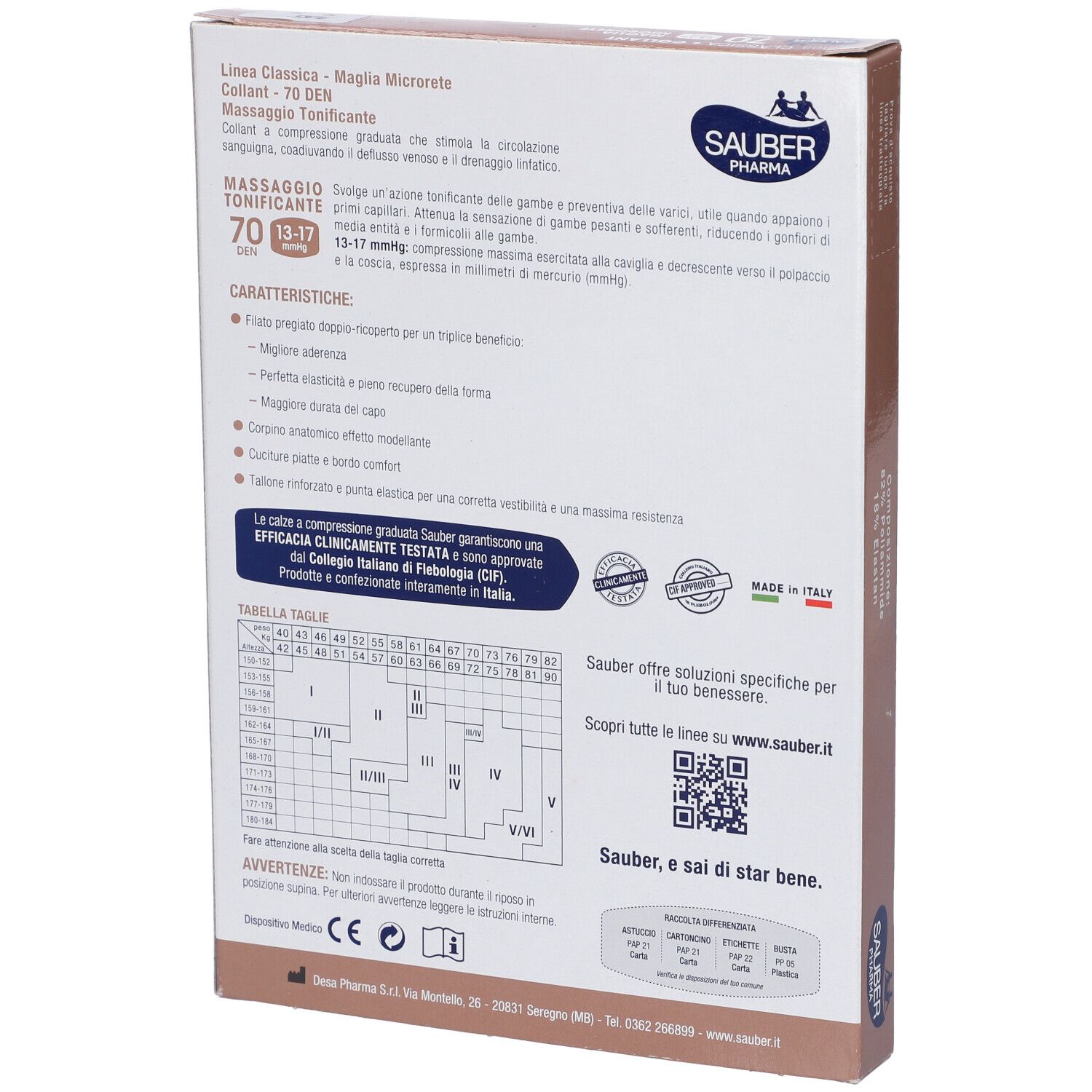 Retro della confezione. Marca Sauber Pharma, linea Classica, 70 denari, microrete. Calze a compressione. Tabelle.