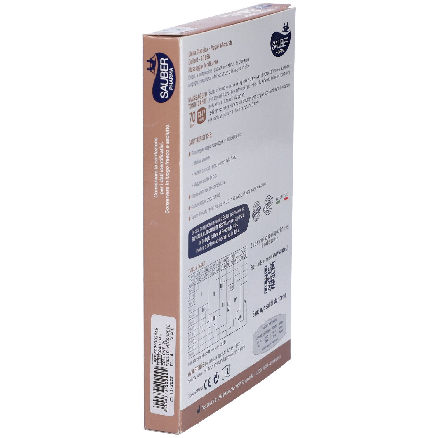 Confezione di collant. Marca Sauber Pharma, linea Classica, 70 denari, microrete. Calze a compressione.