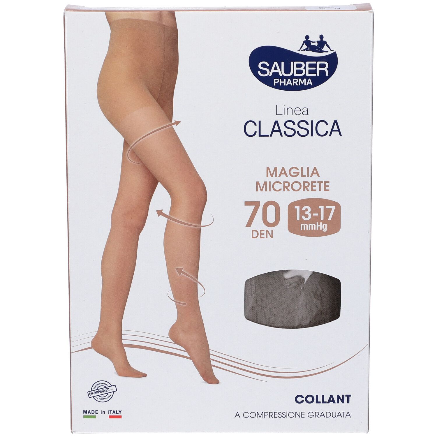 Collant beige in confezione. Marca Sauber Pharma, linea Classica, 70 denari, microrete. Calze a compressione.