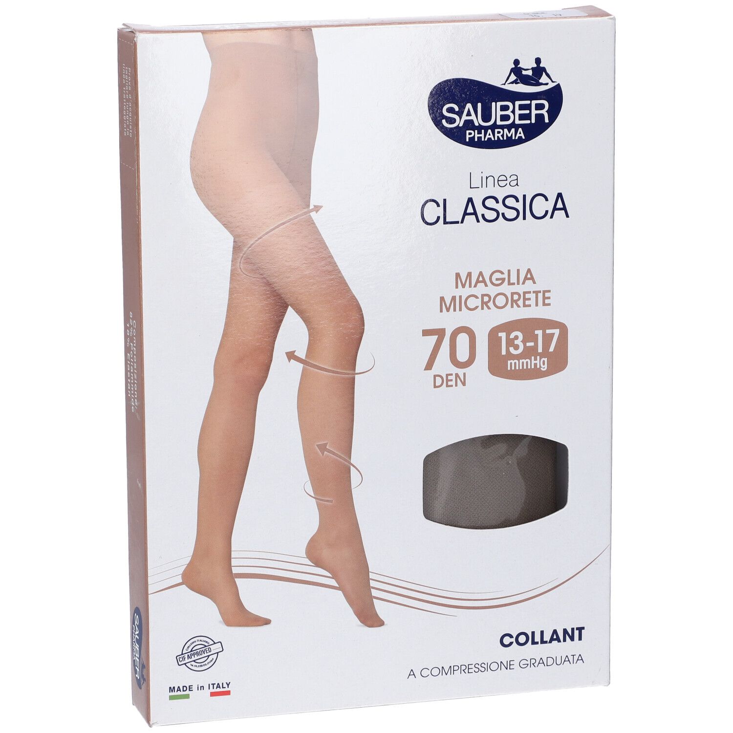 Collant beige in confezione. Marca Sauber Pharma, linea Classica, 70 denari, microrete. Calze a compressione.