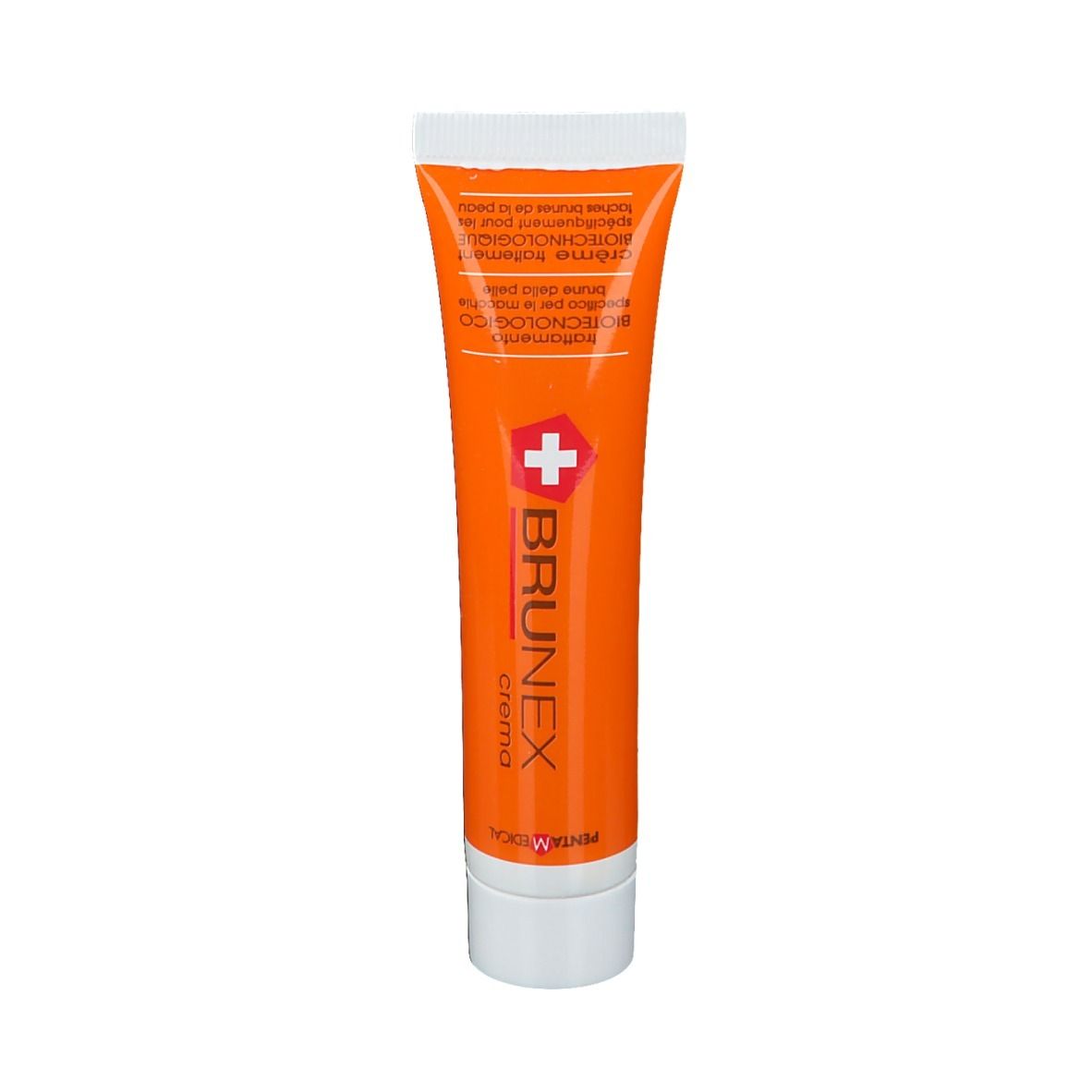 Tube orange avec bouchon blanc. Inscription BRUNEX Crema. Logo croix rouge. Texte en italien.