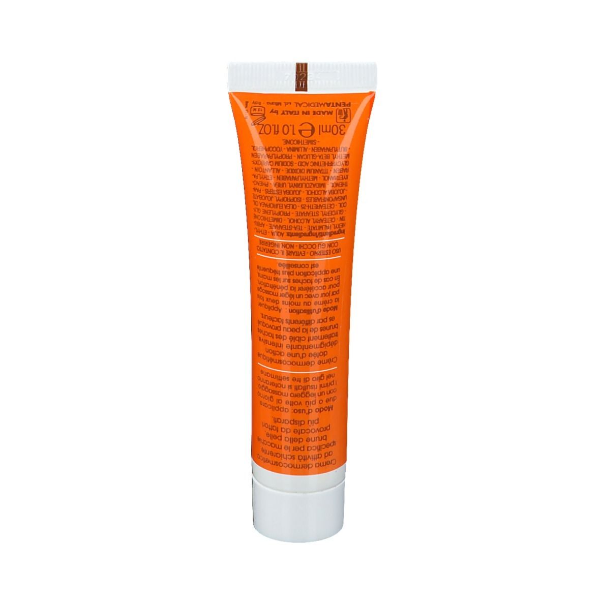 Dos d'un tube orange. Texte en italien. Fond blanc. Volume : 30 ml.