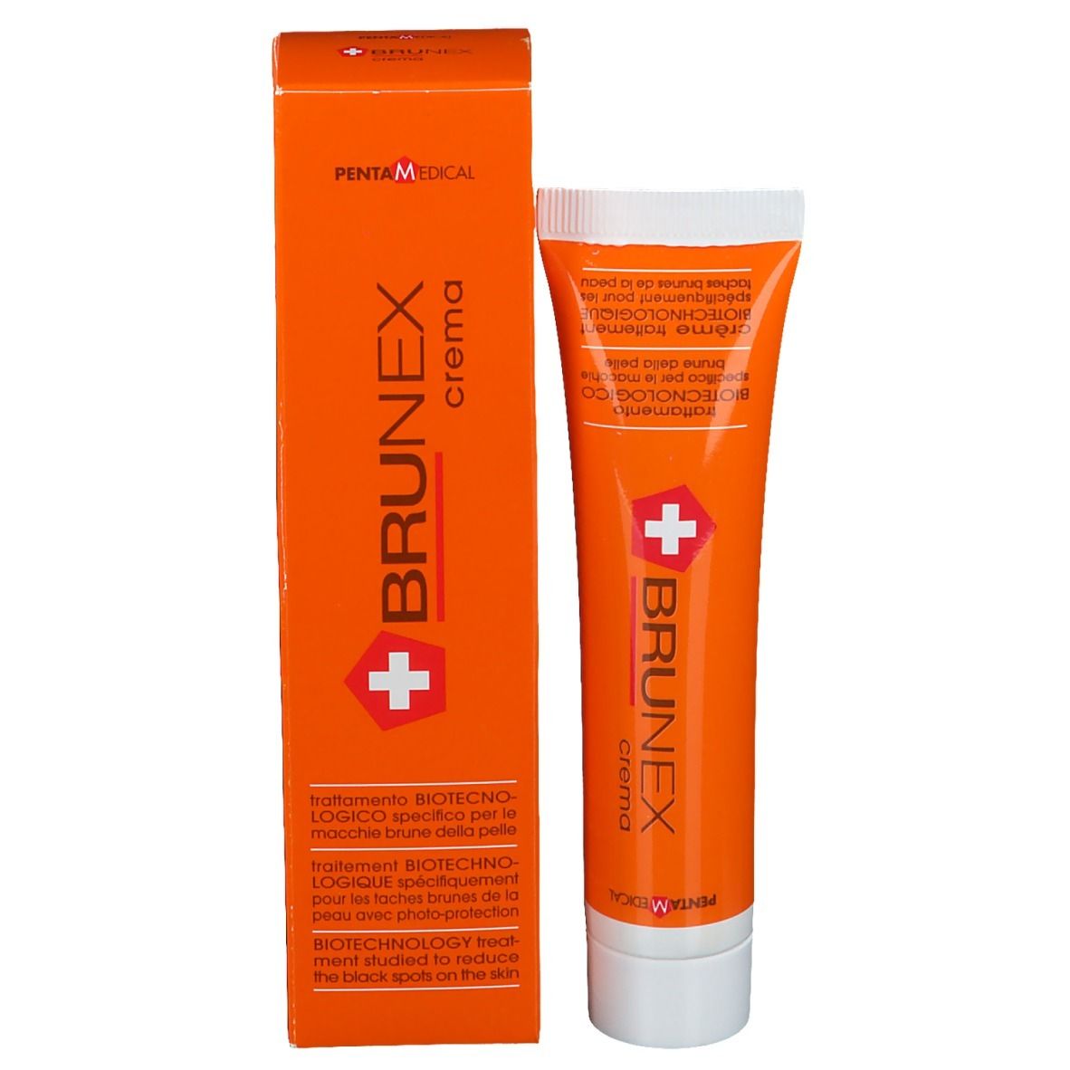Boîte et tube orange. Inscription BRUNEX Crema. Logo croix rouge. Texte en italien et anglais.