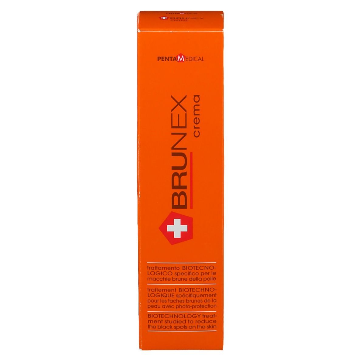 Boîte orange. Inscription BRUNEX Crema. Logo croix rouge. Texte en italien et anglais.