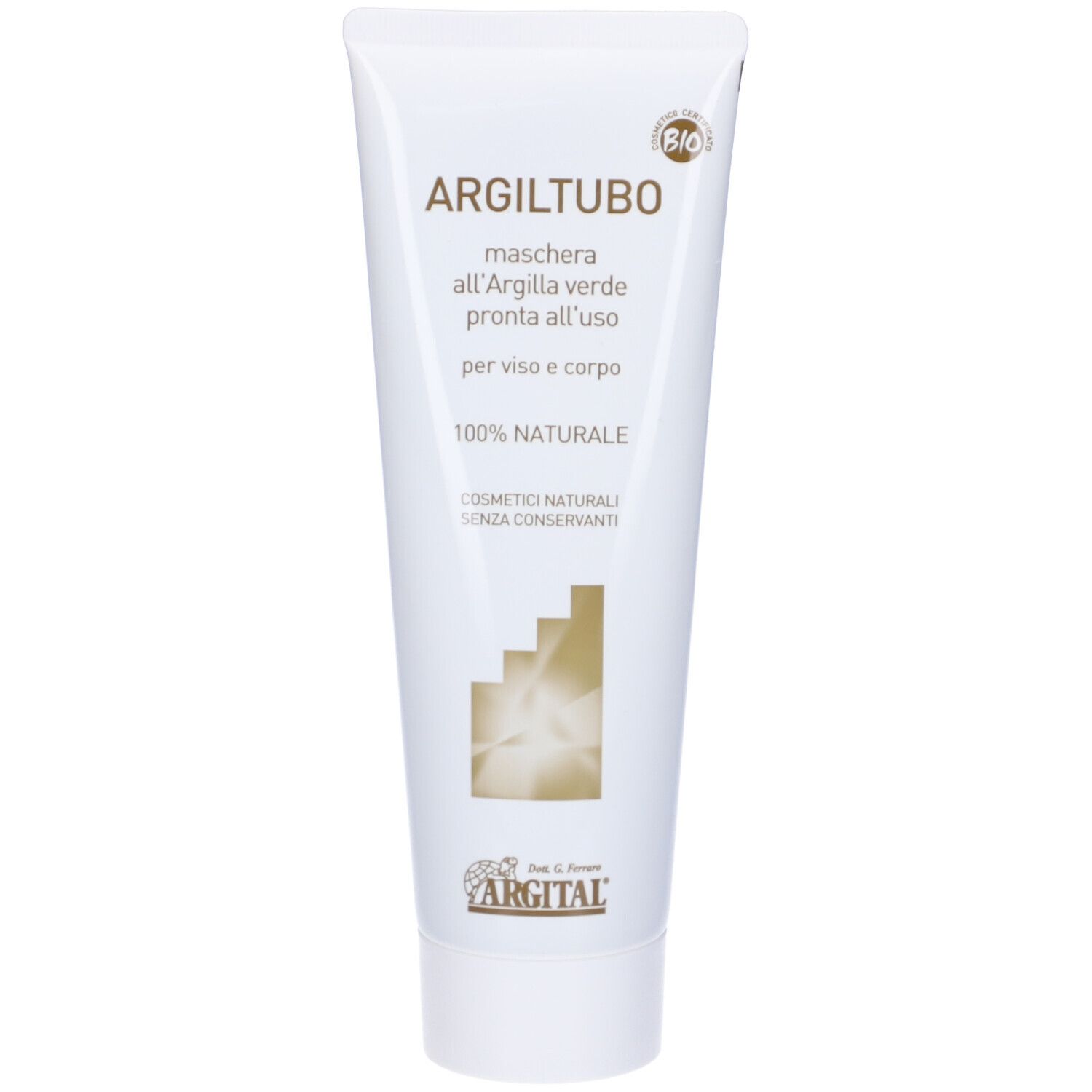 Weiße Tube mit Produktnamen und Logo. Text: 'Maschera all'Argilla verde' und '100% naturale'.